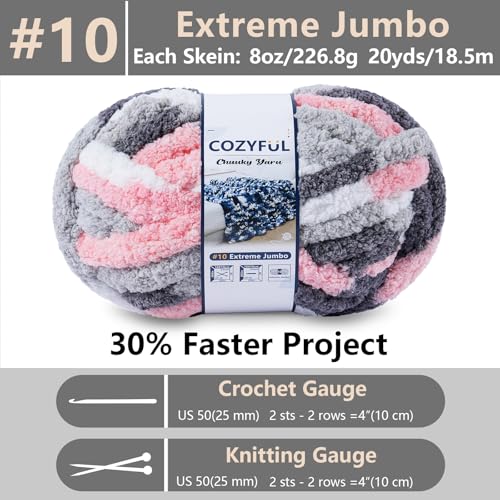 Image of Cozyful Chunky Yarn for Hand Knitting - #10 Chunky Chenille Blanket Yarn, Jumbo Big Thick Chunky Yarns for Crocheting, Tie Dye Bulky Knit Yarns, 8 Skein (20 yds 8 oz Each Skein), Pink & Grey & White