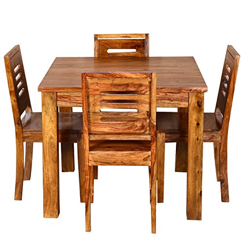 Image of Sheesham Wood Dining Table Set with Chairs for Living Room Home | Wooden Dining Room Sets Furniture for Hotels & Restaurants - Teak Finish (4 Seater)