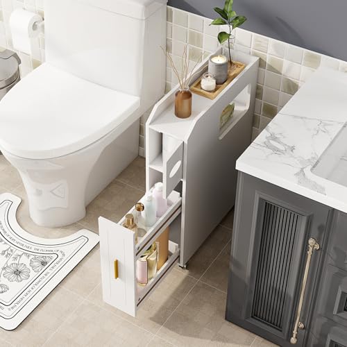 COSTWAY Armario Auxiliar de Baño con Ruedas Bloqueables, Mueble de Baño Estrecho con Cajón Deslizante, Caja de Pañuelos, Soporte para Cepillo de Inodoro para Cocina Salón, 50 x 16 x 69 cm (Blanco) - imagen 7
