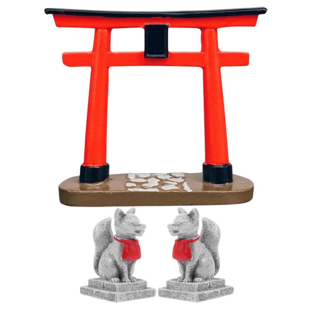 Toddmomy Japanese Red Torii Gate Miniature Fox Figurine Dollhouse Fairy Door Feng Shui Lucky Statue Aquarium Shinto Zen Garden Accessory