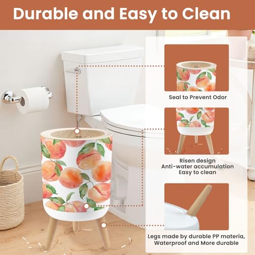 Image of Small Trash Can with Lid Seamless Pattern Pink Peaches White Watercolor 1.8 Gallon Dog Proof Trash Can Round Garbage Can Waste Bin Wastebasket for Bathroom Bedroom Living Room