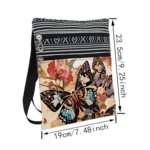Floral Butterfly Messenger Bag Small Ethnic Pattern Printed Adjustable Strap Crossbody Zipper Bag Floral Butterfly Phone Bag Wallet Cute Shoulder Handbag for Women - 22