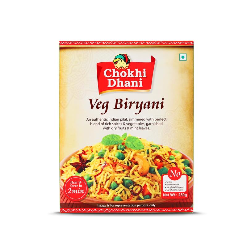 Chokhi Dhani Veg Biryani Ready to Eat 250g – Instant Vegetarian Pulao Meal | Heat & Eat in 2 Minutes | Home Style Taste | Microwave Stove Top or Hot Water Pack of 1