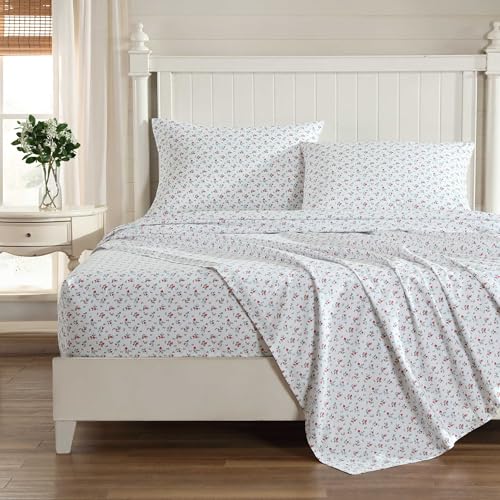 Image of Laura Ashley - Full Size Sheet Set, Crisp & Lightweight Cotton Percale Bedding with Fitted Sheet and Pillowcases, Floral Room Decor, Deep Pocket, College Dorm Room Essentials (Aylesmore Ditsy Red)