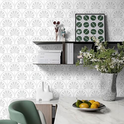 Image of Veki Luxury Floral & Botanical Geometric Wallpaper Mural - Waterproof, Moisture-Proof, Self-Adhesive PVC Wall Sticker for Home & Hotel Decoration (45cm x 300cm) (White Silver Leaf)
