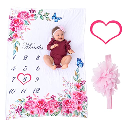 Image of Bliss n' Baby Monthly Milestone Blanket for Baby Girl - Perfect Baby Age Blanket with Growth Chart Blanket - New Moms Set, Wrinkle Free, Washable, Dryable, Red Heart Wreath & Pink Headband- 54"x40"