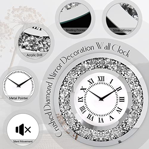 Hoibai Clocks For Living Room Decor Modern Silver Crystal Diamond Clock Large Mirror Deorative Wall Clock For Living Room, Bedroom, Kitchen, Dinning Room, Wall Decoration, Home Decor (Round, 20 Inch) #TOP3