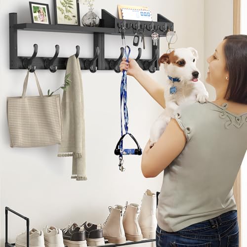 Image of Evermagin 29 inch Coat Rack Wall Mount with Shelf, 4 in 1 Coat and Key Hanger with 11 Metal Hooks, Entryway Wall Mounted Shelf with Mail Holder for Living Room, Bedroom, Black