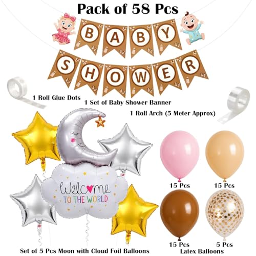 Image of Rozi Decoration Baby Shower Decoration Kit 58 Pieces with Balloon, Banner, Moon & Star Foil, Glue Dots, Pink Brown Beige Latex Balloons for Baby Shower Welcome Princess Party Decoration