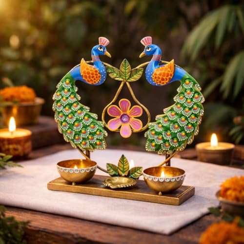 Image of CraftVatika Metal Peacock Tealight Candle Holder for Home Decor Living Room, Diya Stand Holders,Gift Item for Home Office Festival Diwali Christmas, House Warming Ceremony, Corporate for Employees