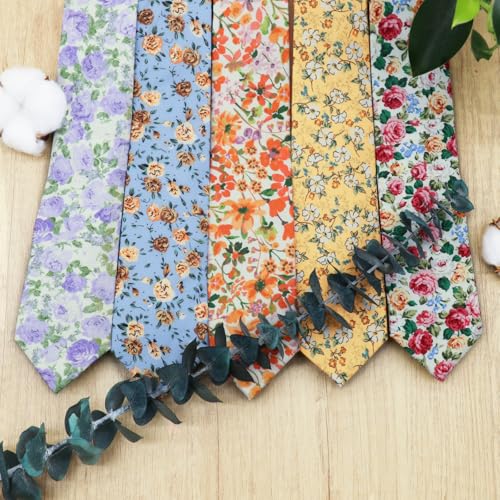 Image of Cotton Floral Ties for Men 2.76 inch Men's Skinny Tie Linen Flower Printed Neck Tie for Wedding Dating Party