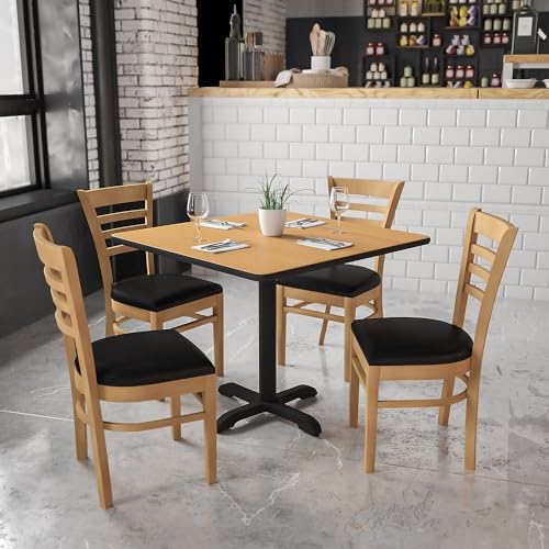 Image of Flash Furniture HERCULES Series Ladder Back Natural Wood Restaurant Chair - Black Vinyl Seat
