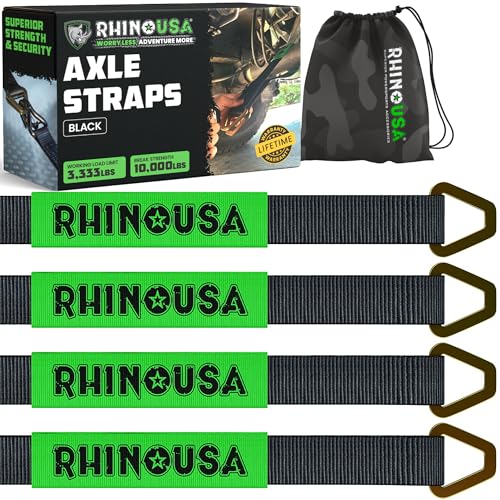 Rhino USA Axle Tie Down Straps - Lab Inspected 11,128lb. Break Strength - Heavy Duty Protective Sleeves & D Rings to Ensure Peace of Mind - Used for Car Engine Hoist, Truck, Trailer, UTV (4-Pack Set)