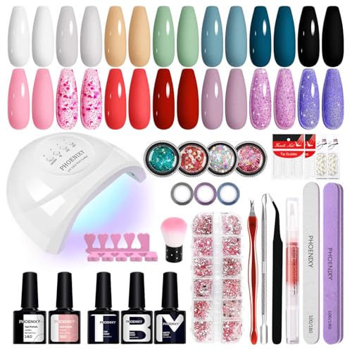 PHOENIXY Kit Uñas Semipermanentes con 48W U V/LED Lámpara 14 Colores Uñas Semipermanentes Kit Completo con Base Top Coat Decoración de Uñas Ideal para Principiantes y Regalos