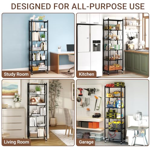 Image of black leopard 6-Tier Foldable Metal Storage Shelf with Wheels, Black