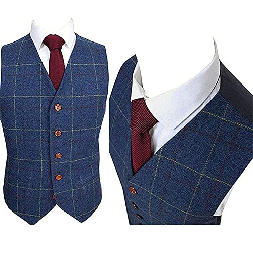 Wemaliyzd Mens Vintage 3 Piece Checkered Plaid Suit Tweed Blazer Vest Pants2