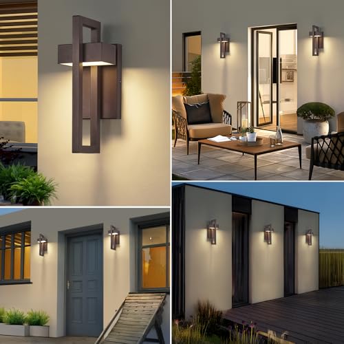 Image of tewei Modern LED Outdoor Wall Sconce Brown Outdoor Lights for House, 13.7'' LED Exterior Lighting Fixtures Outside Wall Mount Lights for Front Porch Hallway, Warm White 3000K, 2 Pack