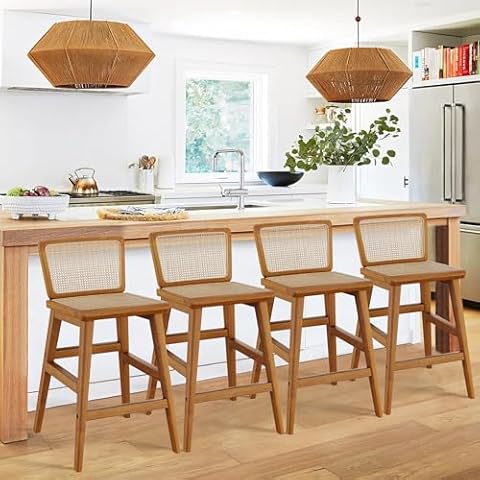 HAOBO Home Rattan Bar Stools 24" Counter Height Bar Stools Mid Century Modern Bar Chairs Wood Cane Back Kitchen Chairs Farmhouse Barstools Set of 4 Cover