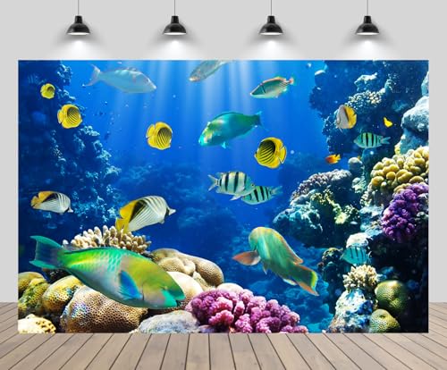 CHNYWORK 10ftx10ft Under The Sea Backdrop for Photography Aquarium Underwater World Tropical Fish Coral Reef Background Mermaid Theme Birthday Party Decorations Baby Shower Photo Props