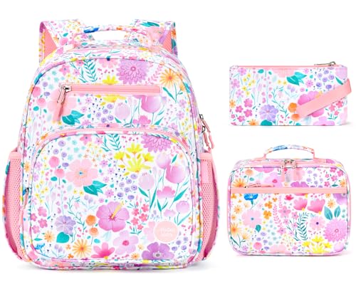 mibasies Girls Backpack with Lunch Box: 3PCS Kids Backpack Set for Kindergarten Elementary - 15 IN Cute Bookbag - Flower Pink