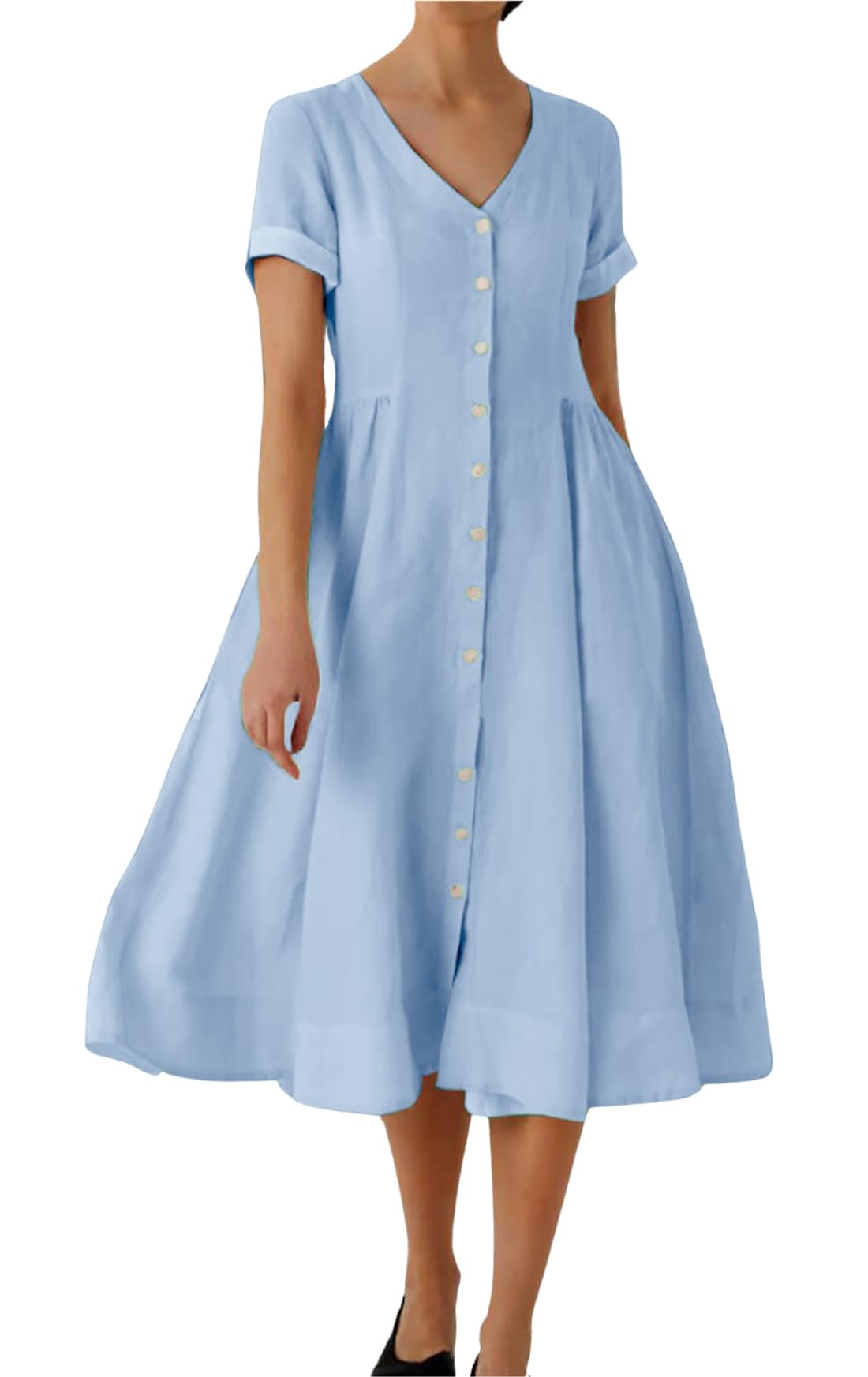 chouyatou Women's Summer Fit and Flare Swing Cotton Dress Casual V-Neck Button Down Beach Midi Dress