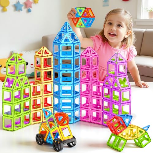 WOOBLO Magnetische Bausteine, 50 Teile Magnetspiel STEM Magnetbausteine, Magnete Spielzeug ab 3 4 5 Jahre Geschenk für Kinder Jungen und Mädchen, Zerlegbar