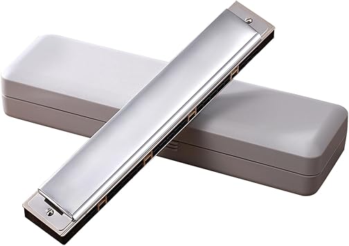 24-Hole Tremolo Competition Mouth Organ With Hard For Case For Key Of C For Beginners & Adults, Silver C