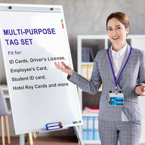 Image of Marspark 100 Sets Clear Name Tags with Lanyard, Lanyards for ID Badges Reusable Strap with ID Holder Plastic Name Badges for Adults Business School Church Conference (Dark Purple)