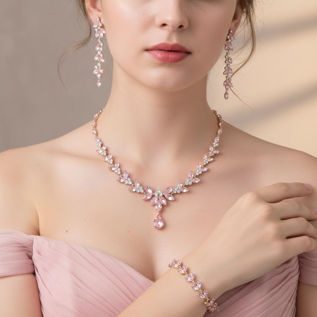 EVER FAITH Austrian Crystal Bridal Jewellery Set, Elegant Marquise Rhinestone Leaf Necklace with Dangling Earrings, Tennis Bracelet Set image 2
