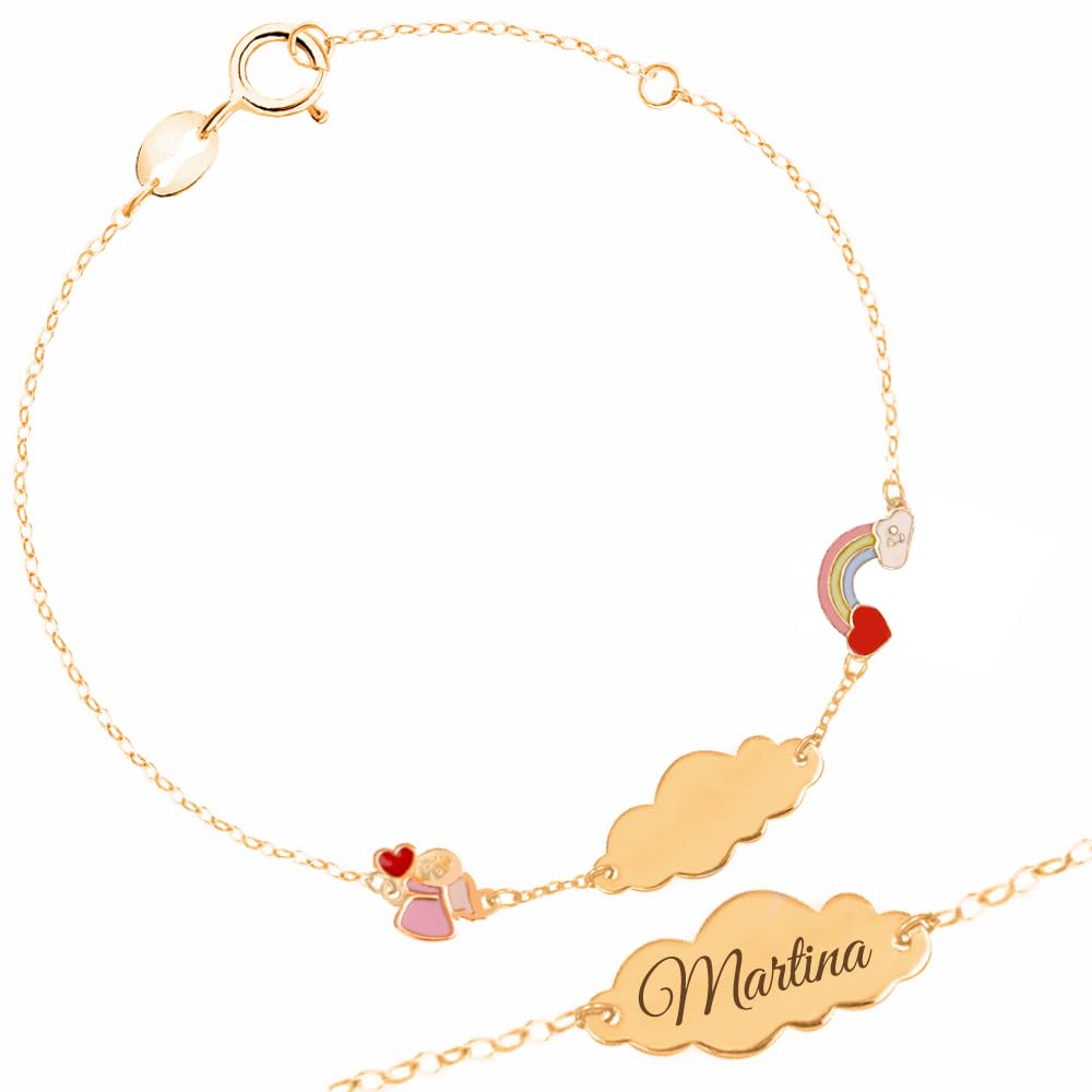 Sakrami Pulsera de Oro Grabable Ángel y Arco Iris para Niños Colección Infantil + Caja de Regalo Personalizada - Pulsera para Nacimientos Comuniones Bautizos Cumpleaños