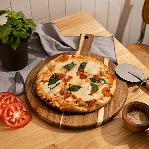 Image of Acacia Wood Cutting Board and Chopping Board with Handle for Meat, Cheese Board, Vegetables, Bread, and Charcuterie - Decorative Wooden Serving Board for Kitchen and Dining Room, Large 13 inch x 13 inch