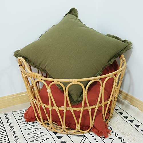 Jojusis Pack Of 2 Decorative Natural Linen Pillow Cover With Tassel Trim Farmhouse Boho Fringed Square Cushion Case For Sofa Couch 18 X 18 Inch Green #TOP2