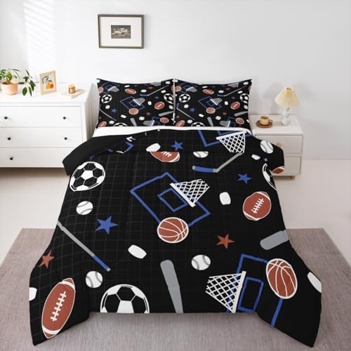 Image of Feelyou Ball Sport Comforter Set Queen Size Basketball Foorball Bedding Set for Kids Boys Girls Black Blue Duvet Quilt Sport Theme Bedroom Decor Microfiber 3 Pcs with 2 Pillow Cases