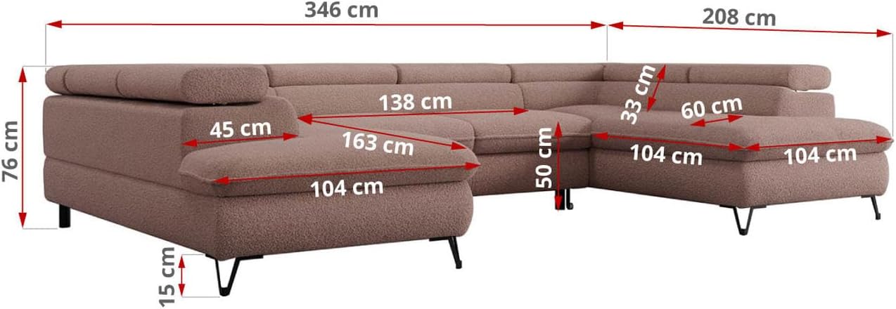 MKS MEBLE Sofa U-Shape Pink, Living Landscape U-Shape, Sofa with Sleep Function and Bed Box, Sofa Bed with Bed Box, Couch with Adjustable Headrests - Peter U - Rosa Boucle boucle Rosa Boucle - Now Or Never 64