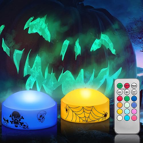 Image of 2 PCS Color Changing Halloween LED Pumpkin Candle Lights with Remote and Timer, Colored Battery Operated Jack-O-Lantern Light for Outdoor Halloween Flameless Pumpkin Home Decorations
