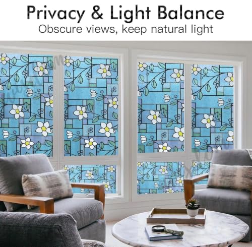 Image of WISDOM Privacy Window Film Frosted Glass Film Glass Film No Glue Anti-UV Window Sticker Non Adhesive for Privacy Office Meeting Room Bathroom Living Room (Flower Jasmine, 12 x 80 inch)