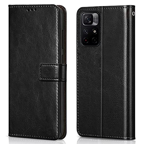 Image of WOW IMAGINE Shock Proof Flip Cover Back Case Cover for Mi Redmi Note 11T 5G | Poco M4 Pro 5G (Flexible | Leather Finish | Card Pockets Wallet & Stand | Black)