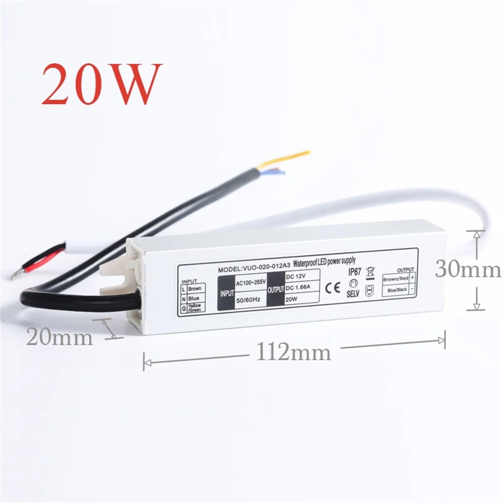 Adapter sterownika LED Slim IP67, transformator mocy oświetlenia 6 W, 12 W, 15 W, 20 W, 30 W, 40 W, 50 W, 60 W, 12 V, 24 V, złącze wewnętrzne i zewnętrzne (20 W, IP67,12 V)