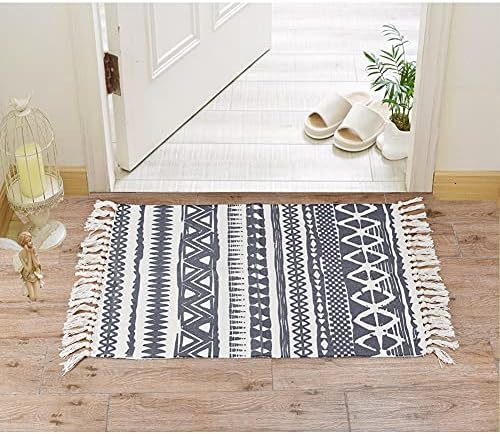 2'x3' Black and White Kitchen Rug,Small Bohemian Farmhouse Geometric Hand Woven Cotton Throw Rugs for Front Door ,Living Room, Bedroom,Doorway, Entryway,Laundry Room