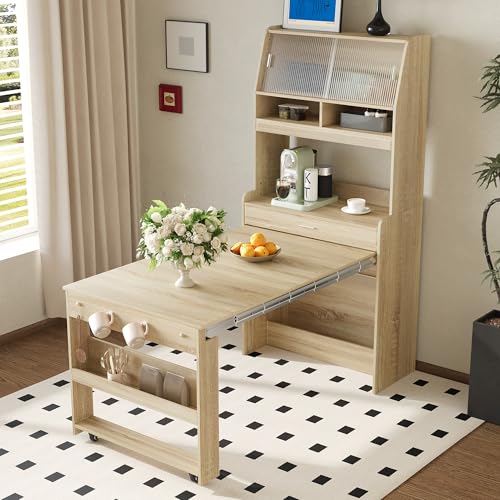 Merax Sideboard Buffet Cabinet with Foldable Dining Table, Multifunctional Cupboard with Storage Shelf and Hooks, for Small Places,Studio, Apartment