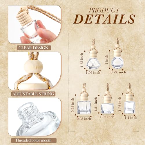 Image of Zubebe 500 Pcs Hanging Car Diffuser Bottles Bulk, 5 Styles Empty Glass Refillable Air Freshener Bottles with Wooden Cap for Perfume Essential Oils Fragrance Aromatherapy Ornament, 8ml 10ml