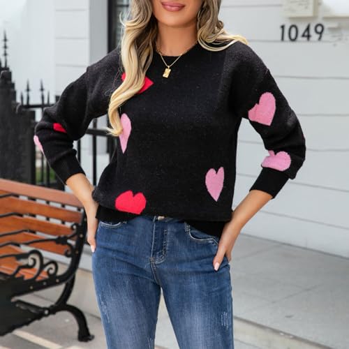Image of Women's Cute Heart Sweater Love Print Valentine Romantic Knitted Top Casual Crewneck Long Sleeve Sweaters Pullover