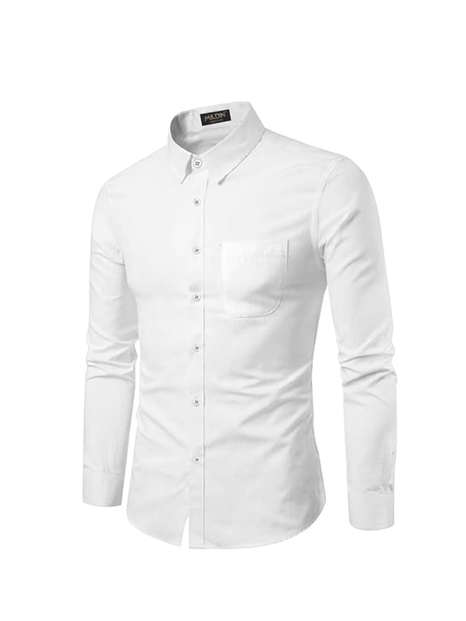 MILDINMen's Regular Cotton Blend Slim Fit Solid Button Down Spread Collar Full Sleeve Curved Hemline Formal Shirt with One Pocket