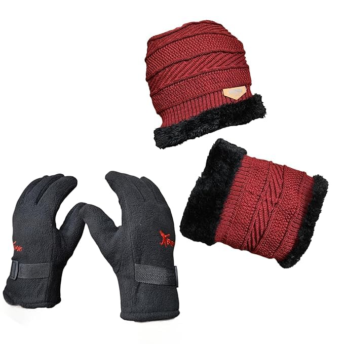 nova bloom Unisex Winter Knitted Beanie Hat, Neck Warmer Scarf & Touchscreen Gloves Combo Set - Warm Woolen Cap with Fur Trim for Men & Women-picture-53