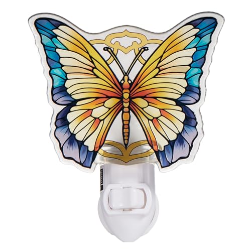 Image of Yellow Butterfly Night Light - Stained Glass Styled Plug-in Wall Light for Vertical Outlets - Real Glass, Warm Glow for Bedroom, Bathroom, Hallway - Gift for Butterfly Lovers