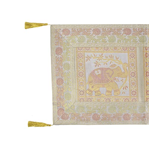 Image of E-EZRA Decorative Dining Table Runner Silk Runners Ends Tassels on Both Sides Banarasi Brocade Silk Tablecloth Decorative 6 Seater Runner Long Size 16x60 Inch (Grey)