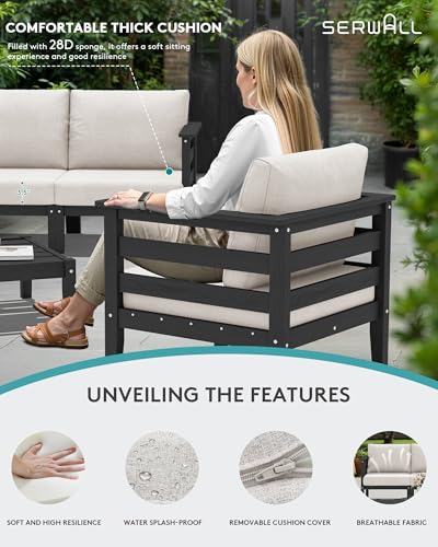 Image of SERWALL HDPE Outdoor Furniture Set, 4 Pieces Patio Sectional Sofa Set | All-Weather Wood-Like Outdoor Sofa Couch with Coffee Table, Modular Design for Flexible Combination