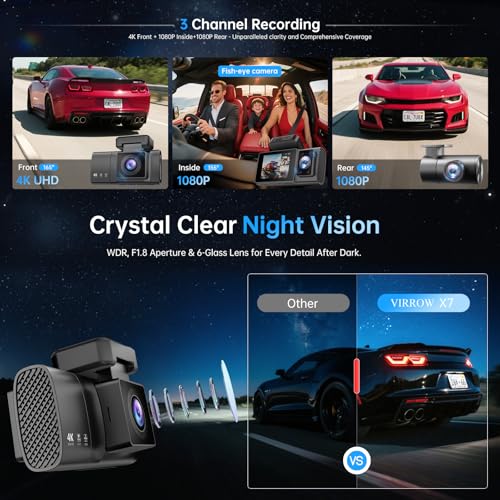 3 Channel Dash Cam: 4K+1080P+1080P-Dash Cam Front and Rear Inside with Free 64GB Card & 5GHz WiFi - Dash Camera for Cars with IR Night Vision APP Control Parking Mode G-Sensor Loop Recording(X7) — view 3