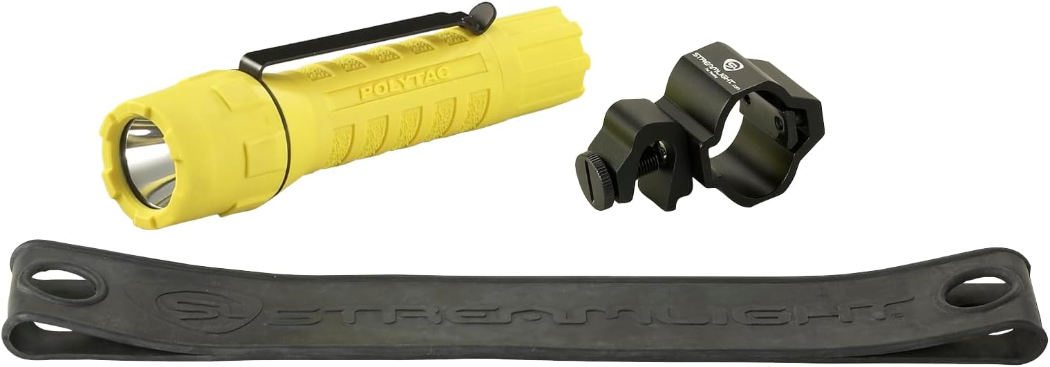 Streamlight 88854 PolyTac 600-Lumen 11500-Candela Tactical LED Flashlight with Helmet Mount Kit and Non-Rechargeable Batteries, Yellow