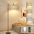 Arc Floor Lamps for Living Room Rattan Boho Floor Lamp with Remote Control,Dimmable LED Floor Lamps Wicker Lamp Shades Black Standing Lamp with 3 Color Temperature Tall Floor Lamp For Bedroom Corner